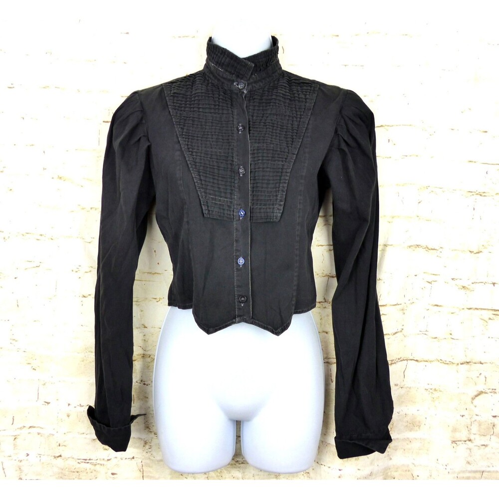Vintage Details NY Black Victorian Pleated Button Front Blouse Top Womens M